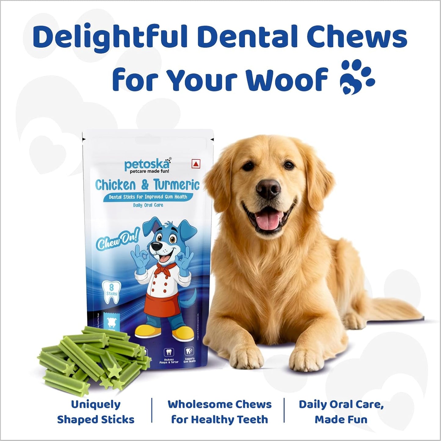Petoska Dog Dental Sticks – Chicken & Turmeric Flavor, Anti-Bacterial Oral Care Chews for Dogs, Improves Gum Health, Reduces Tartar, Daily Dental Treats for All Breeds
