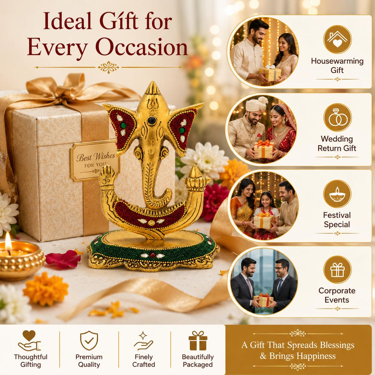 Kalakriti Decorative Lord Trishul Ganesha Idol for Home Decor – Golden Metal Finish Ganpati Murti for Pooja Room, Office & Gift Purpose