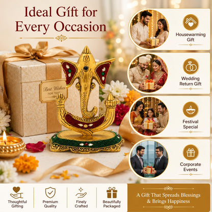 Kalakriti Decorative Lord Trishul Ganesha Idol for Home Decor – Golden Metal Finish Ganpati Murti for Pooja Room, Office & Gift Purpose