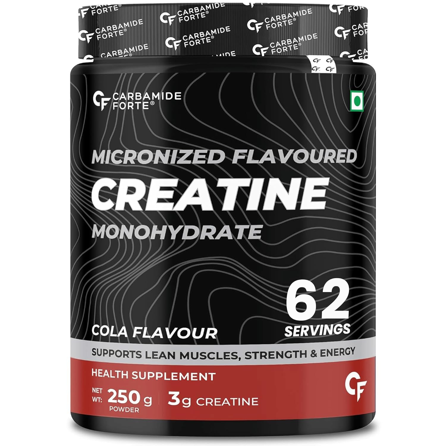 Supplement package of Carbamide Forte Creatine Monohydrate with cola flavor on a white background