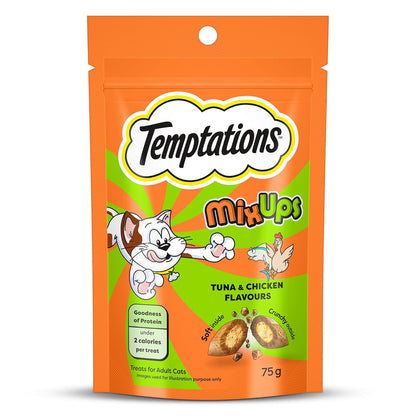 Temptations MixUps Cat Treats, Tuna & Chicken Flavours, 75g – Two Irresistible Flavours in One Pack, Crunchy Outside Soft Inside, Goodness of Protein, Vitamins & Minerals, Resealable Pouch