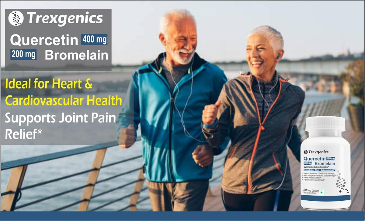Two people jogging with Trexgenics Quercetin and Bromelain supplement bottle in the foreground.