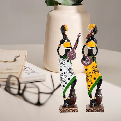Resin African Girl with Musical Instruments|Captivating Home Décor (Pack of 2, Yellow & Black- Model 2, Large)