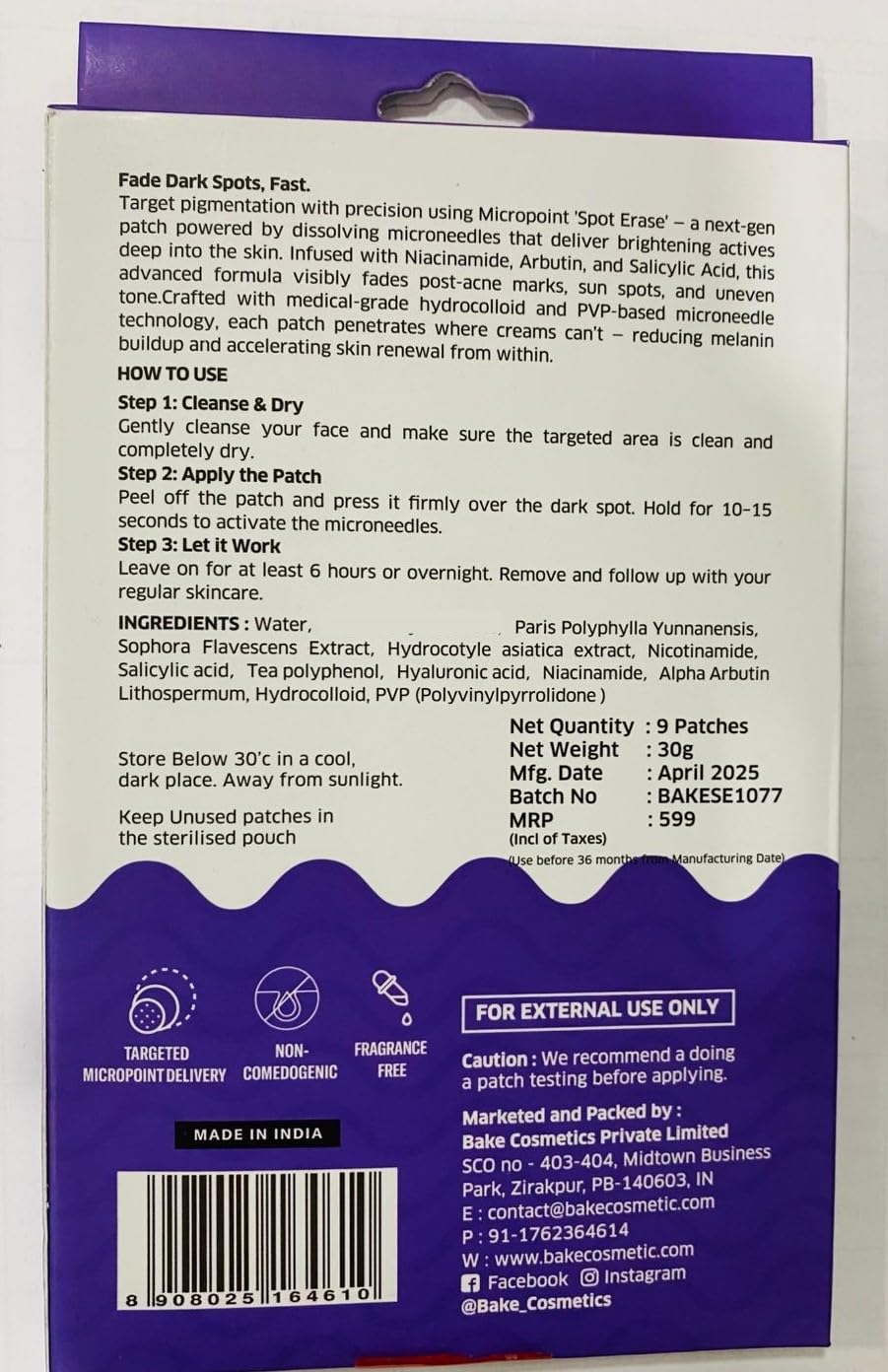 BAKE Micropoint Hydrocolloid Patches for Dark Spots with 2% Niacinamide, Salicylic Acid & Alpha Arbutin | For Acne Marks, Pigmentation, Dark Spots | 176 Melt-Tech Microneedles | Post Acne Breakouts & Dark Spots - 9 Patches