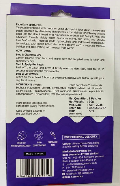 BAKE Micropoint Hydrocolloid Patches for Dark Spots with 2% Niacinamide, Salicylic Acid & Alpha Arbutin | For Acne Marks, Pigmentation, Dark Spots | 176 Melt-Tech Microneedles | Post Acne Breakouts & Dark Spots - 9 Patches