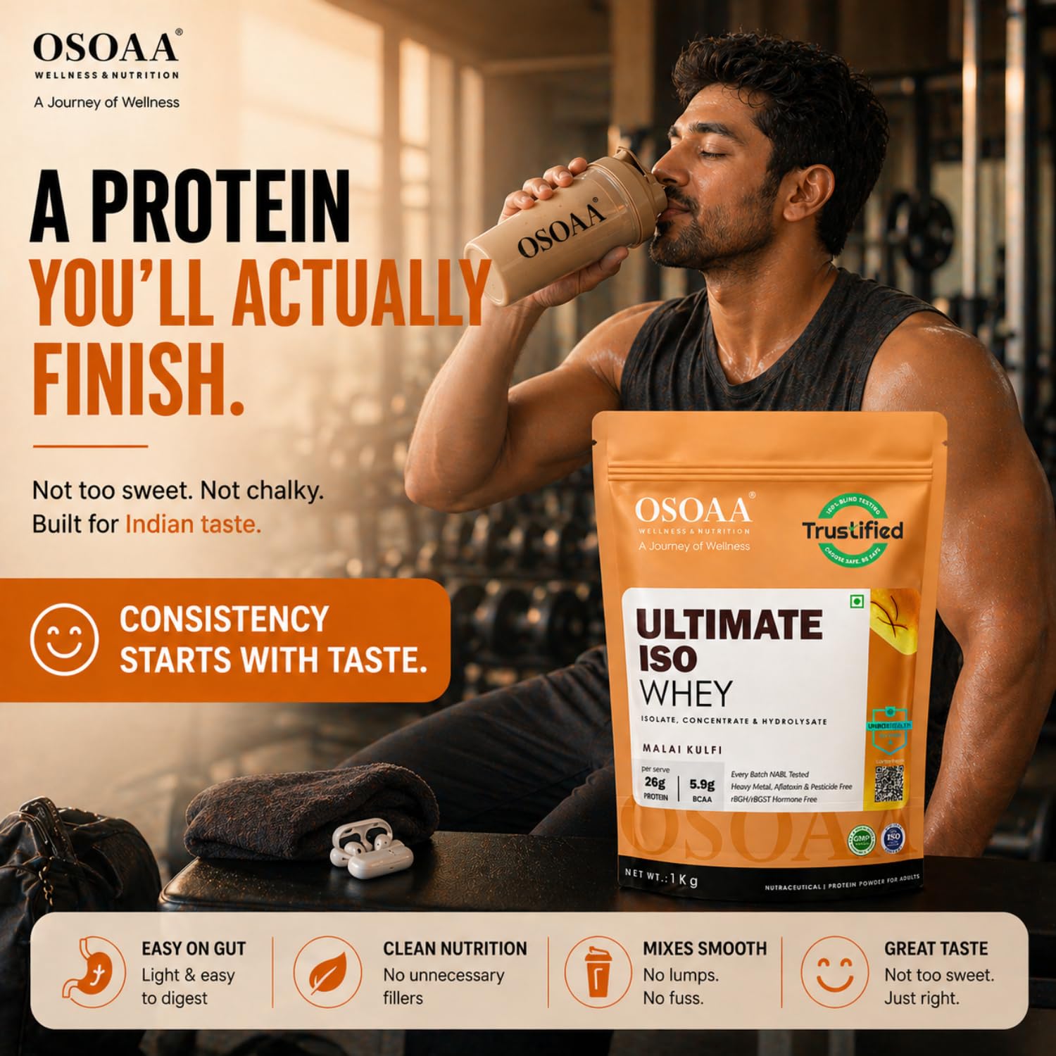 Man drinking OSOAA protein shake with packaging in a gym setting