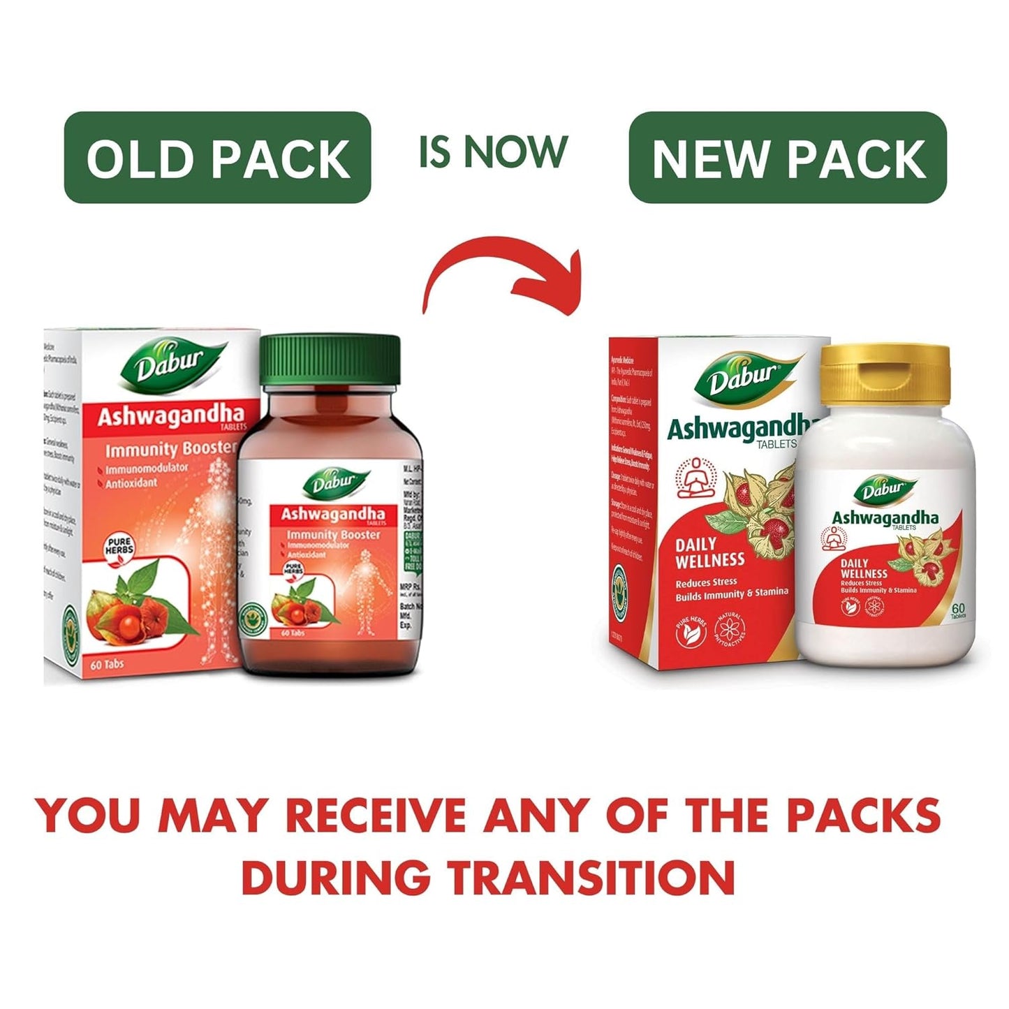 Comparison of Dabur Ashwagandha products in old and new packaging on a white background.