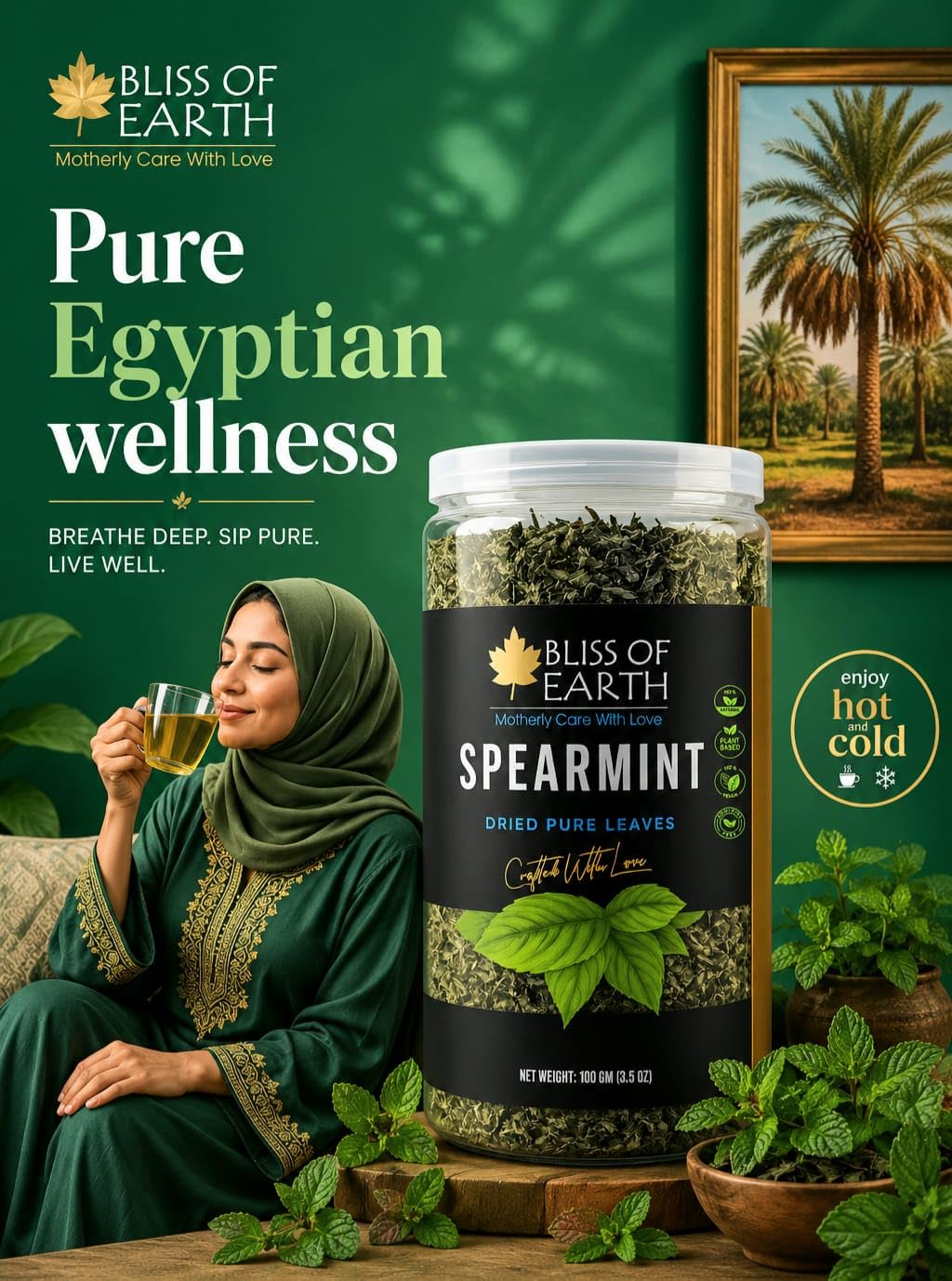 Bliss of Earth Spearmint Tea For PCOS Relief 100g, Premium Egyptian Sun Dried Spearmint Leaves, Mint Herbal Tea for Hot & Cold Brew
