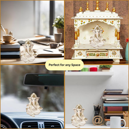 Gold Art India Synthetic-Resin Ganesha Idol | Ganesh Statue Home Decor | Ganesha Murti Office Desk, & Ganpati Idol Car Dashboard | Unique Wedding & Birthday Gift (Gaddipeachivory) 3.5", Fantasy