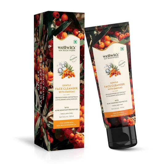 Wellwith Sea Buckthorn Gentle Face Cleanser | Deep Cleansing, Hydrating & Brightening Face Wash with Oat Extract & Hyaluronic Acid | Removes Dirt, Oil, Tan & Impurities |Acne-Resistant | For All Skin Types (100 ml)