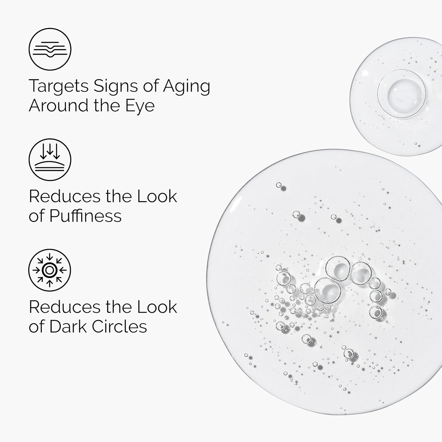 Cosmetic product with text highlighting its effects on eye area, puffiness, and dark circles.