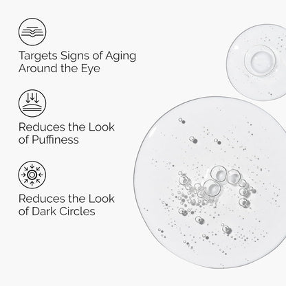 Cosmetic product with text highlighting its effects on eye area, puffiness, and dark circles.
