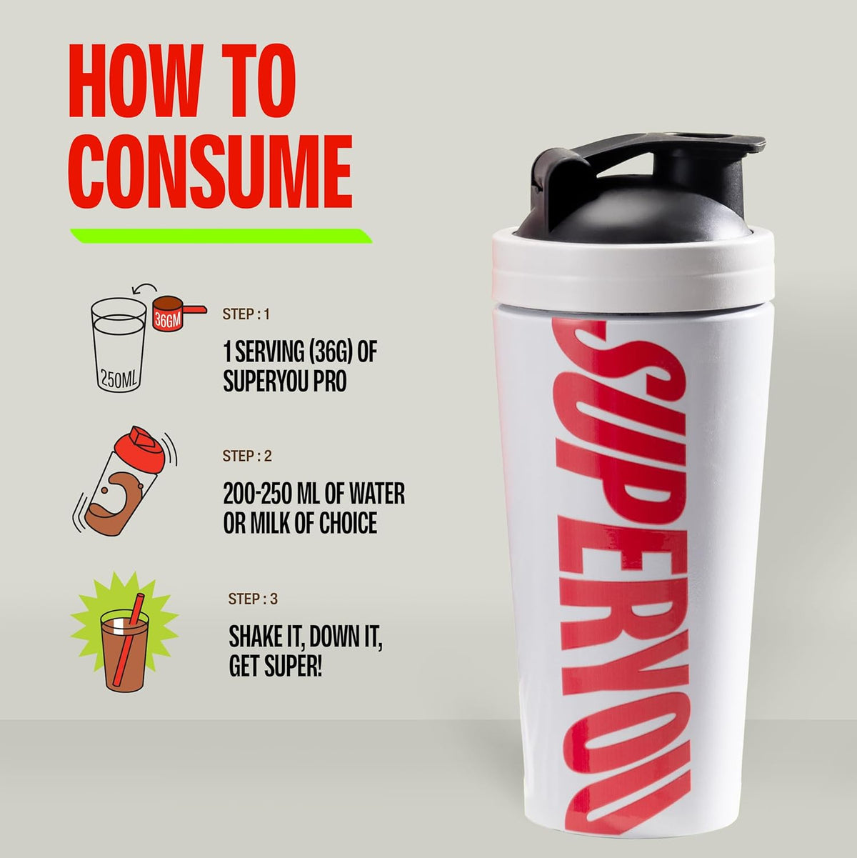 Shaker bottle with 'SuperYou' branding and consumption instructions on a light gray background