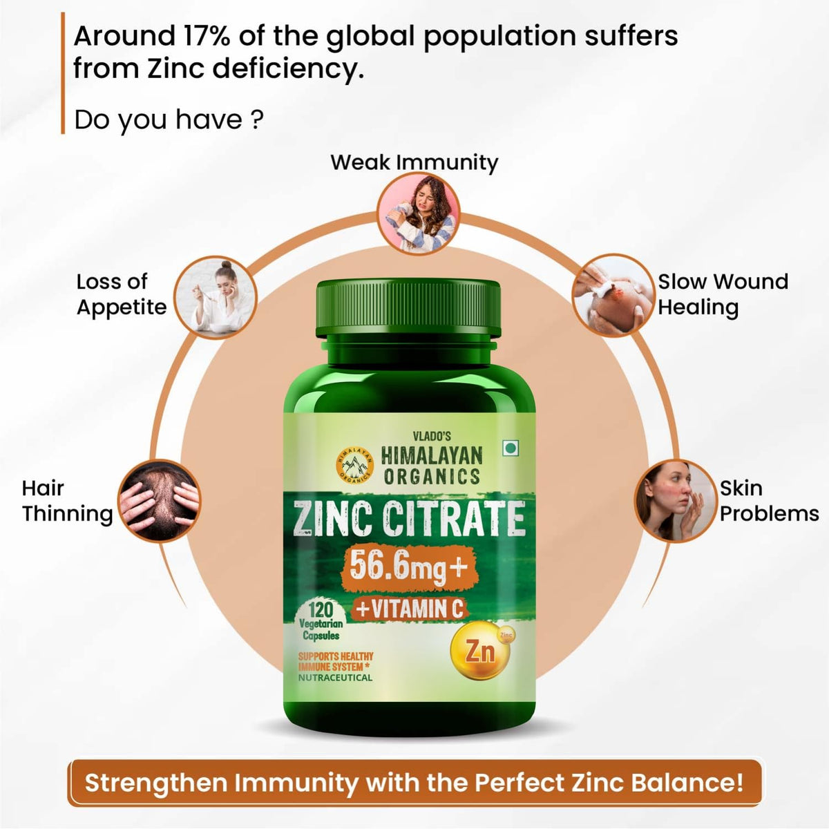 Vlado’s Himalayan Organics Zinc Citrate with Vitamin C | Zinc Supplements for Men & women with 100% RDA Zinc | Immunity & Cellular Health Support - Support Healthy Immune Function | Improve Iron Absorption | Antioxidant Support - 120 Tablets