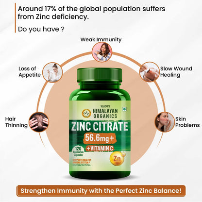 Vlado’s Himalayan Organics Zinc Citrate with Vitamin C | Zinc Supplements for Men & women with 100% RDA Zinc | Immunity & Cellular Health Support - Support Healthy Immune Function | Improve Iron Absorption | Antioxidant Support - 120 Tablets