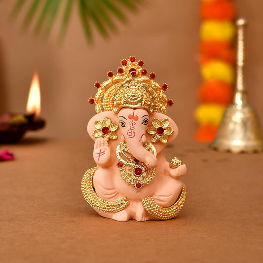 Ganesh Idol Murti Statue for Car Dashboard Gift Ceramic Terracotta Gold Plated Ganpati Idols Ganesh Idol for Gift Showpiece Figurine for Home Pooja Room Diwali Decoration. (Ivory Color)