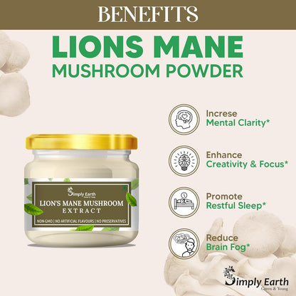Simply Earth Lion's Mane Mushroom Extract Powder 10:1, (20% Polysaccharides) Improves Memory, Focus and Clarity | 50gm…