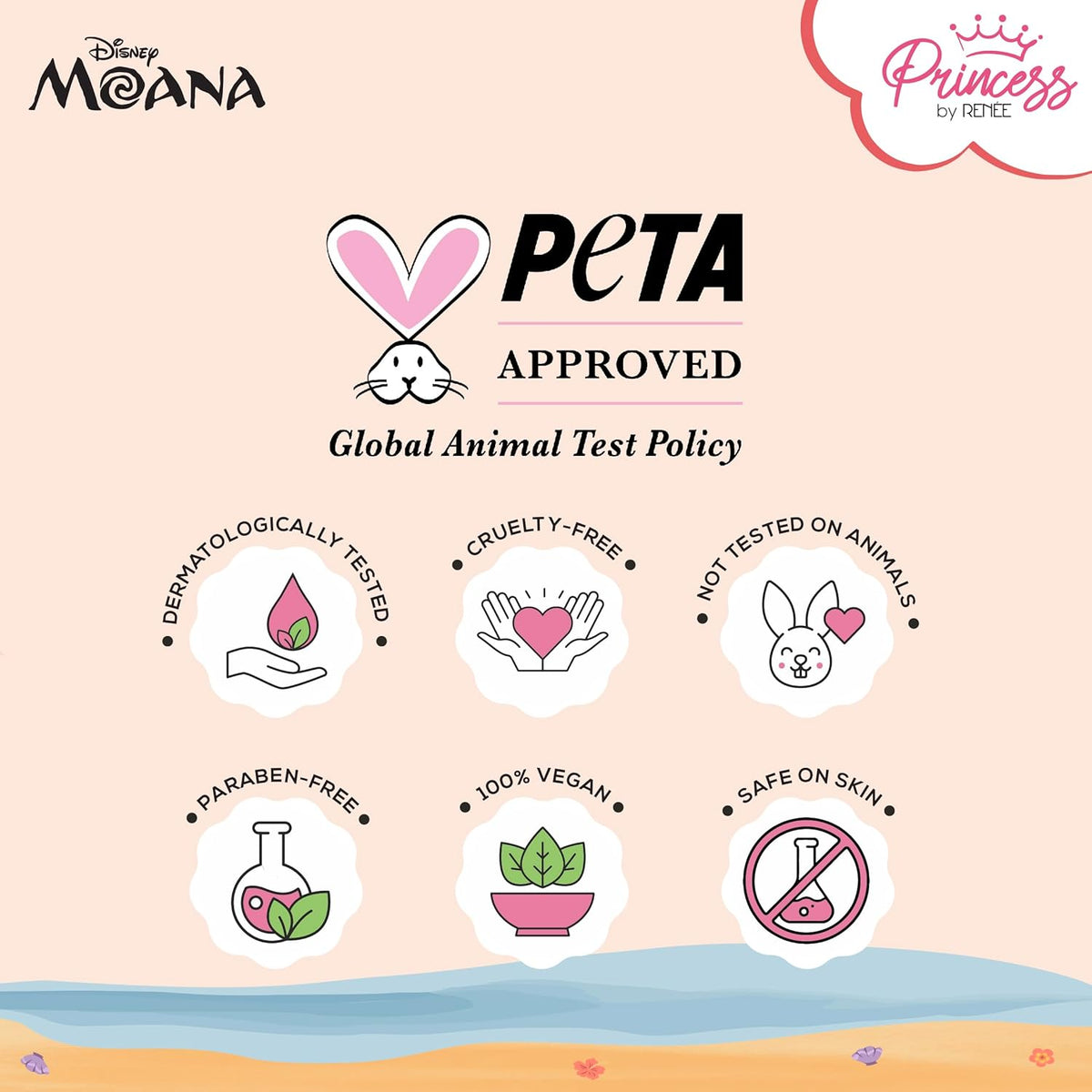 PETA approval label for Disney Moana products with icons and text on a peach background.