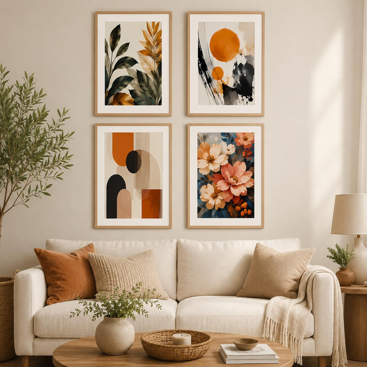 Set of 4 Botanical Floral & Geometric Abstract Wall Paintings with Sparkle Laminate and Premium Wooden Synthetic Frame for Living Room Bedroom Office Decor (13.5 x 19.5 Inch)