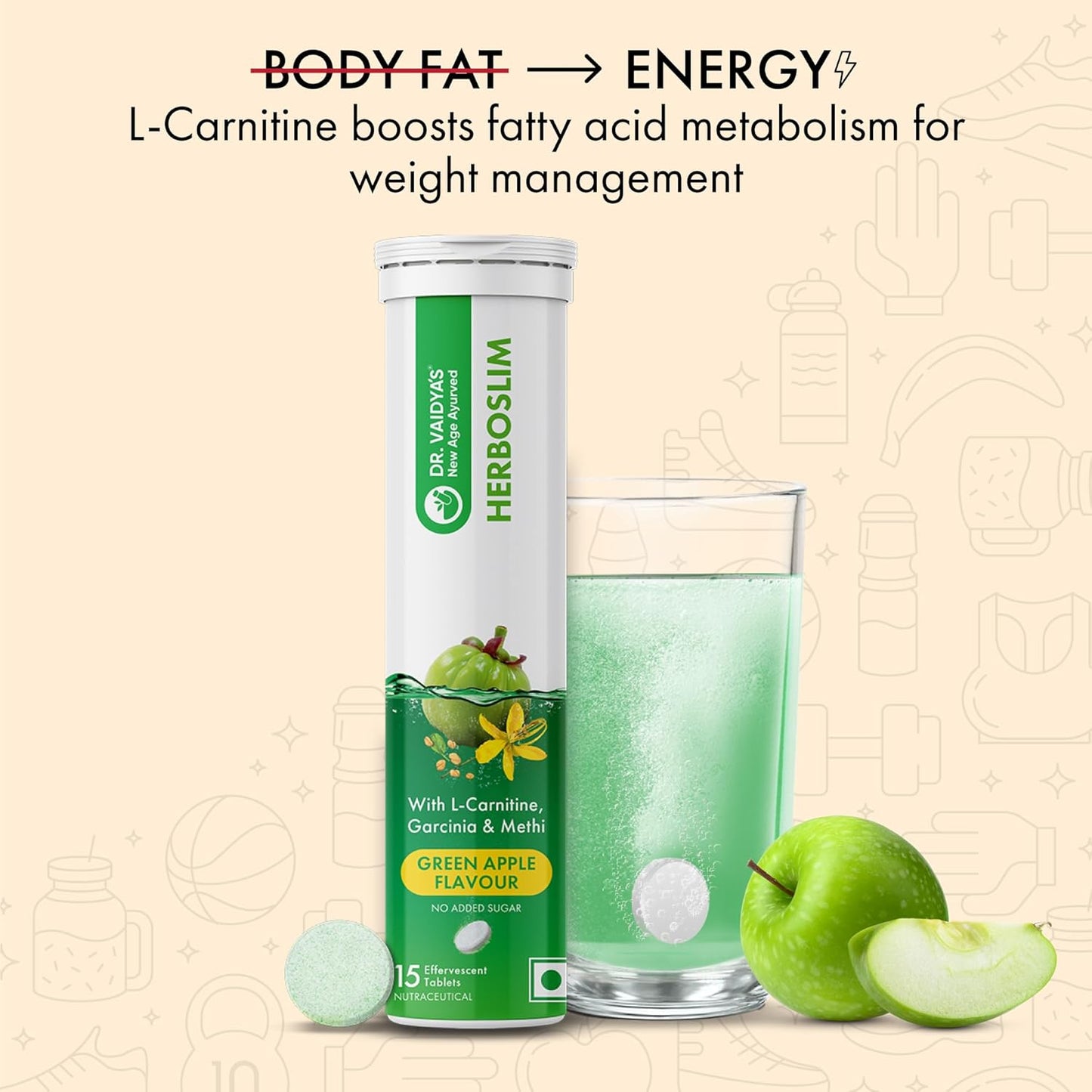 Dr. Vaidya's Herboslim Fizz With L-Carnitine, Garcinia, And No Added Sugar, Green Apple Flavour, 15 Tablets