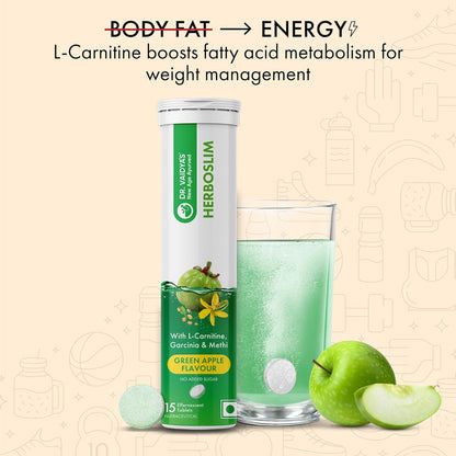 Dr. Vaidya's Herboslim Fizz With L-Carnitine, Garcinia, And No Added Sugar, Green Apple Flavour, 15 Tablets