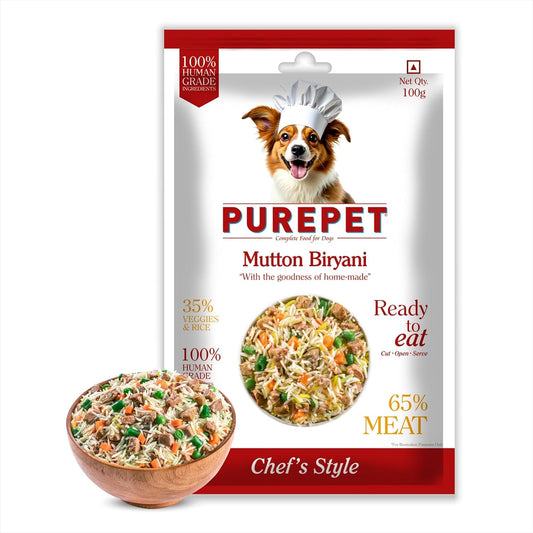 Purepet Fresh Dog Food Mutton Biryani, for Adult & Puppy, 100gm | High Protein, 65% Real Meat, 35% Veggies & Rice | No Preservatives | Ready to Serve | All Breeds | One Pack One Meal