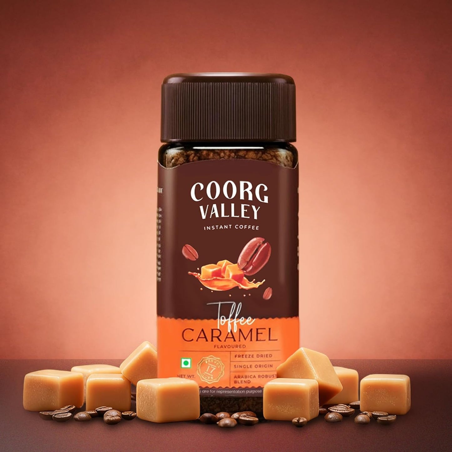 Coorg Valley Toffee Caramel Instant Coffee 50g | Flavoured Coffee | Premium Blend of Robusta & Arabica | Freeze Dried | Make Café Style Hot & Cold Coffee at Home