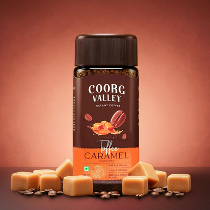 Coorg Valley Toffee Caramel Instant Coffee 50g | Flavoured Coffee | Premium Blend of Robusta & Arabica | Freeze Dried | Make Café Style Hot & Cold Coffee at Home