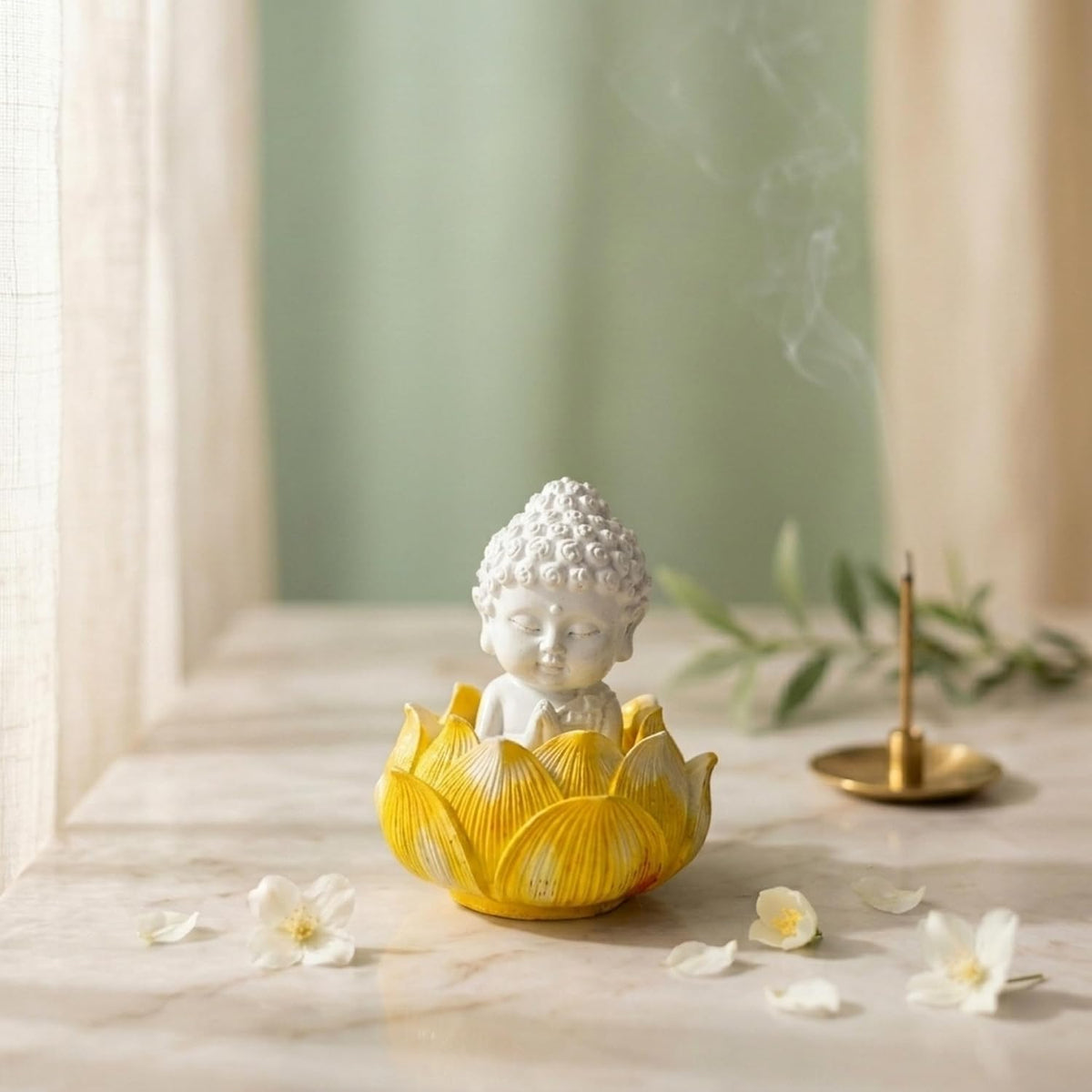 Yellow Lotus Baby Buddha Statue Showpiece for Home Décor | Living Room, Bedroom, Office & Car Dashboard