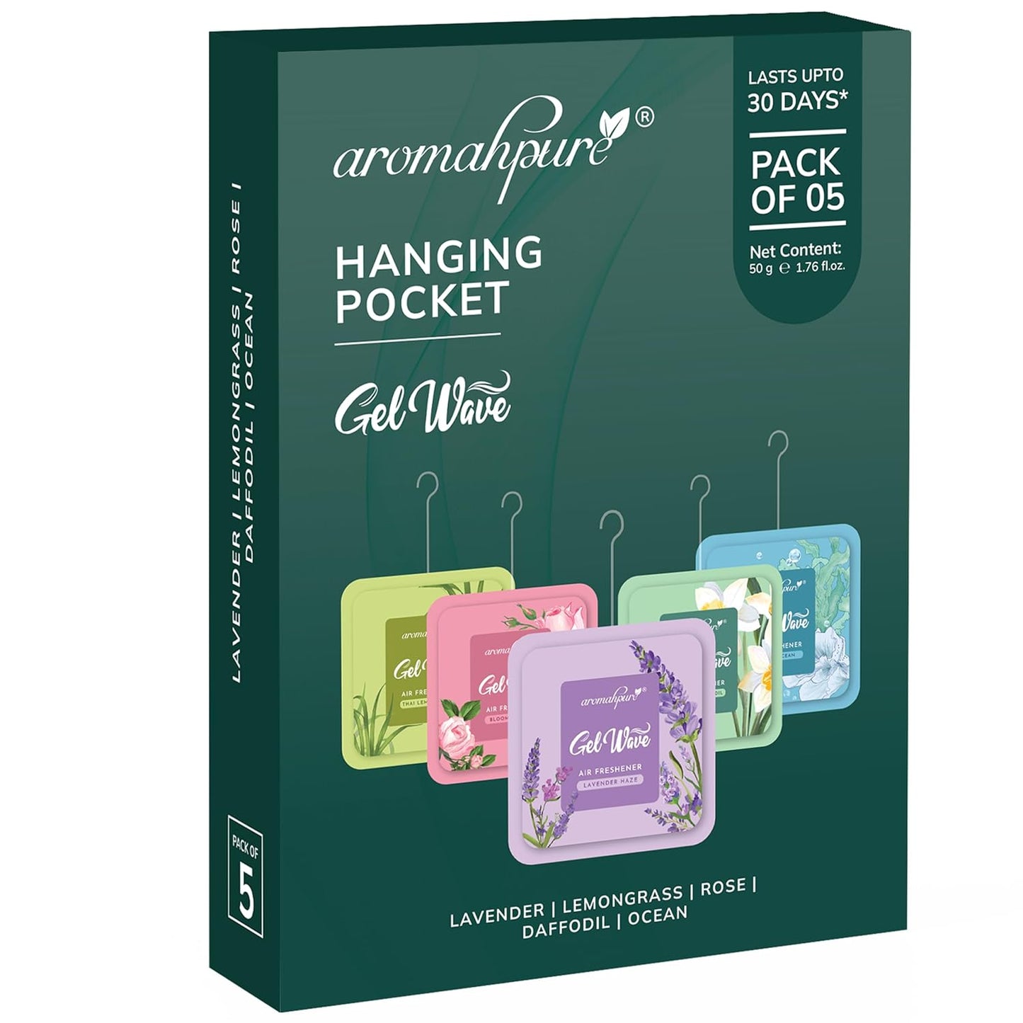 Aromahpure Gel Wave Bathroom Freshener | Assorted 50g (10g each) | Set of 5 Gel-Based hanging Pocket freshener I Lasts Up to 30 Days