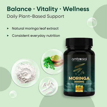 Moringa supplement bottle with text about balance, vitality, and wellness on a green background.