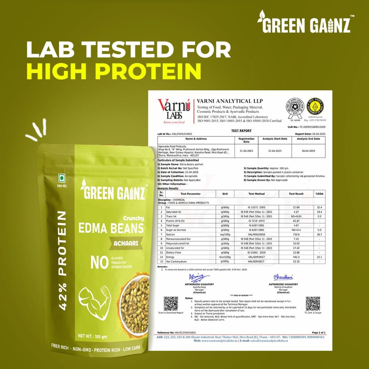 Green Gainz Roasted Edamame Achaari Flavour 100gm | Healthy Namkeen Snacks | 100% Veg Protein Rich Snack | Fiber Rich | No Palm Oil | Roasted, Not Fried
