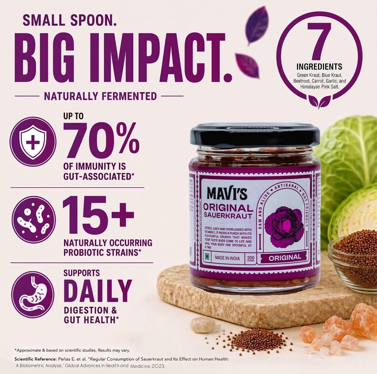 MAVI's Original Sauerkraut| Organic Cabbage & Ingredients| Gut friendly | 100% Natural & Vegan| No Preservatives | No Artificial Flavour or Colour | 200g (Pack of 1)