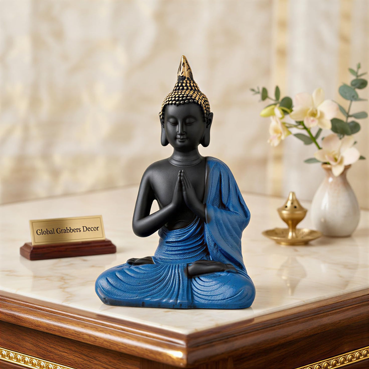 New Namaste Praying Buddha Statue showpiece Idol Home Decor Items for Living Room and Gifts (Blue Black)