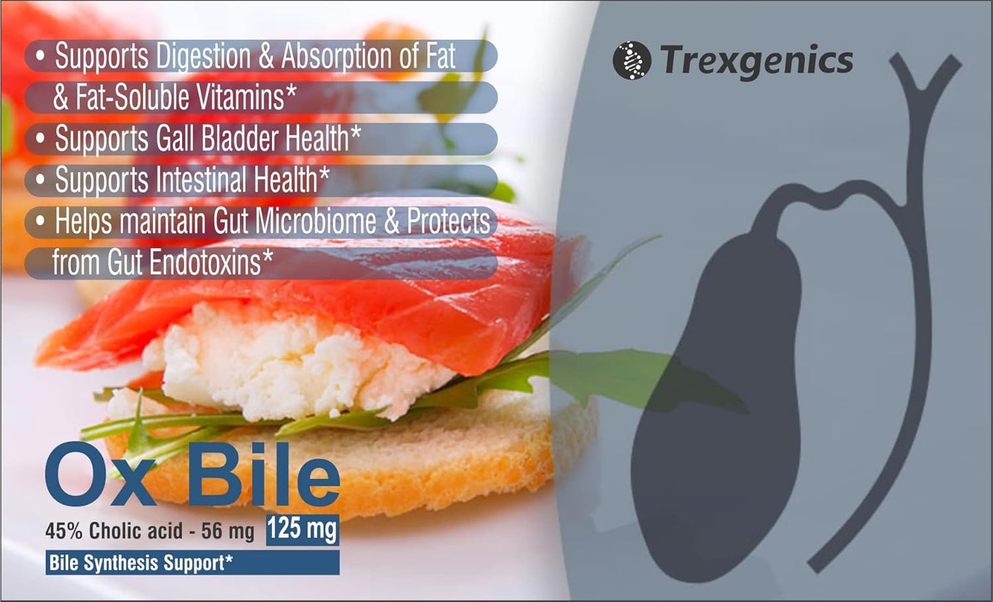 Trexgenics BILE EXTRACT 125 mg 45% CHOLIC ACID Bile Synthesis Support (100 Capsules) (Pack of 1).