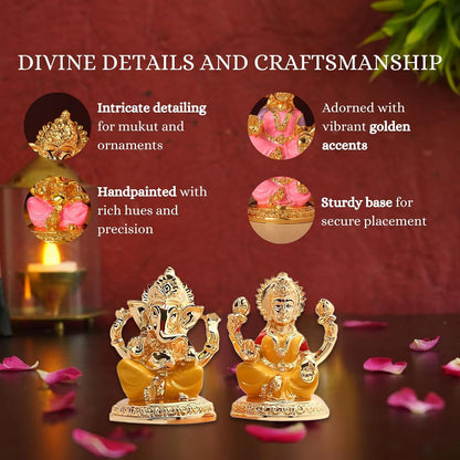 Gold Plated Laxmi Ganesh Idols for Pooja Room, Car Dashboard, Gifting, Table and Home Decor - Resin - 3x2 Inches (Yellow)