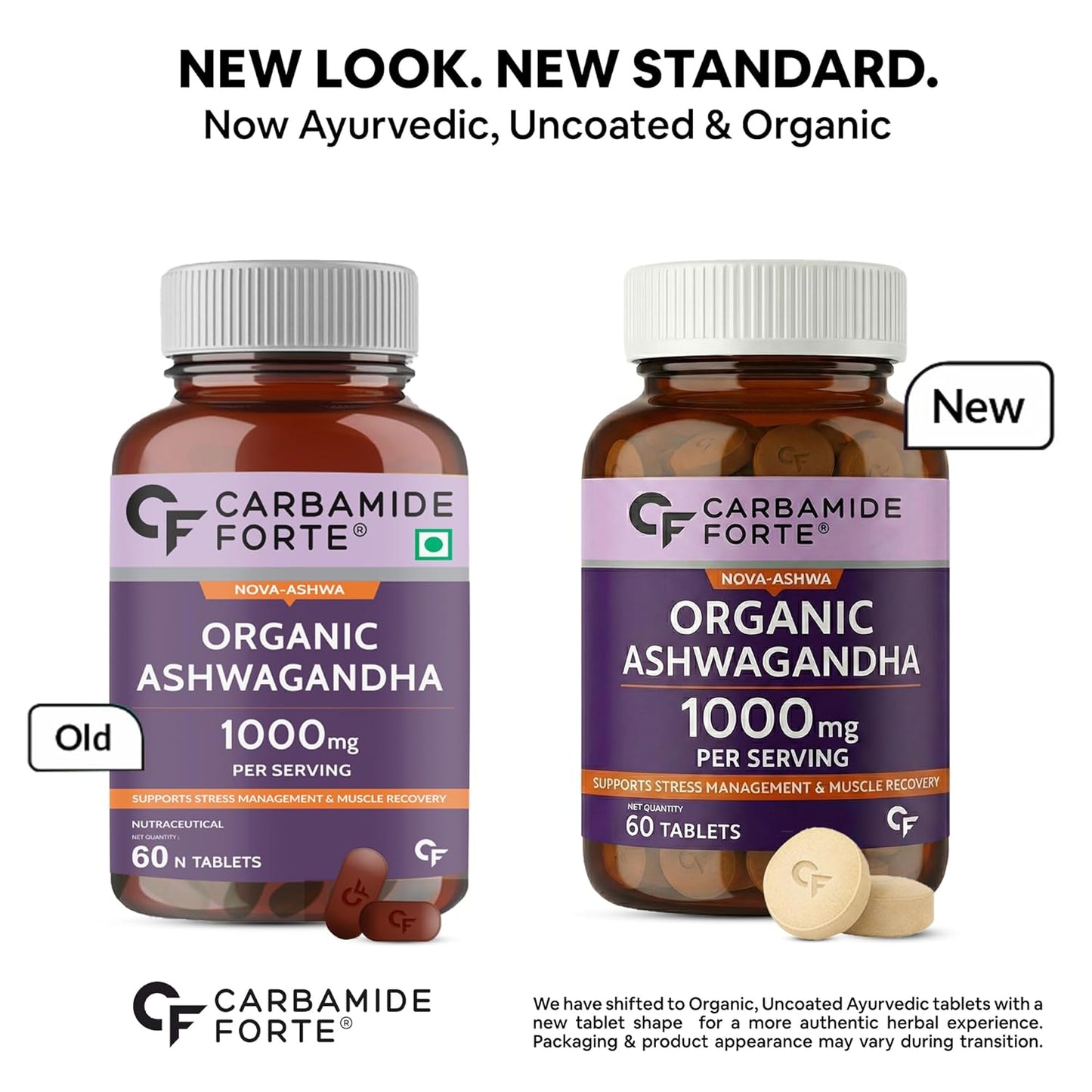 Two bottles of Carbamide Forte Organic Ashwagandha with text about new look and features.