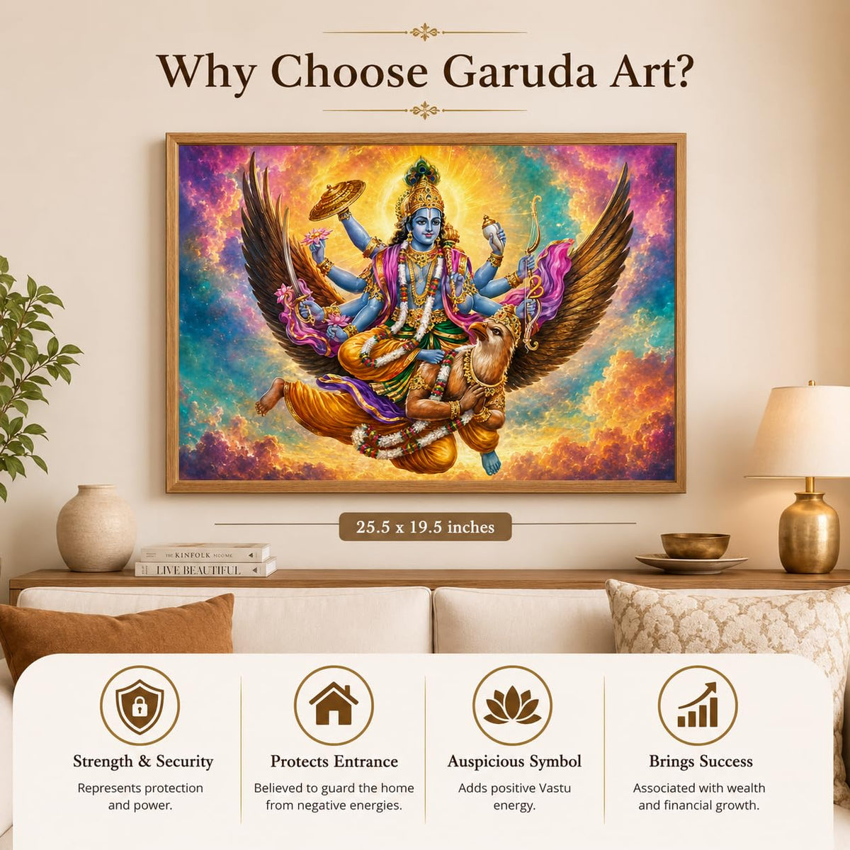 Lord Vishnu Garuda Vastu Devotional Wall Painting for Living Room Bedroom Hall Office Decor, Hindu Spiritual Artwork, Premium Wooden Synthetic Frame (13.5 x 19.5 Inch) NM01-V-165