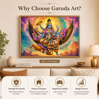Lord Vishnu Garuda Vastu Devotional Wall Painting for Living Room Bedroom Hall Office Decor, Hindu Spiritual Artwork, Premium Wooden Synthetic Frame (13.5 x 19.5 Inch) NM01-V-165