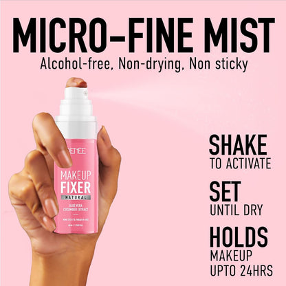 Makeup fixer spray held by a hand with product details on a pink background