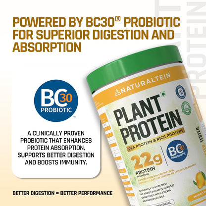 Naturaltein plant protein container with BC30 Probiotic branding on a light background