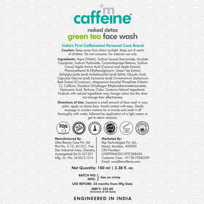 Caffeine naked detox green tea face wash packaging with text and logos on a white background