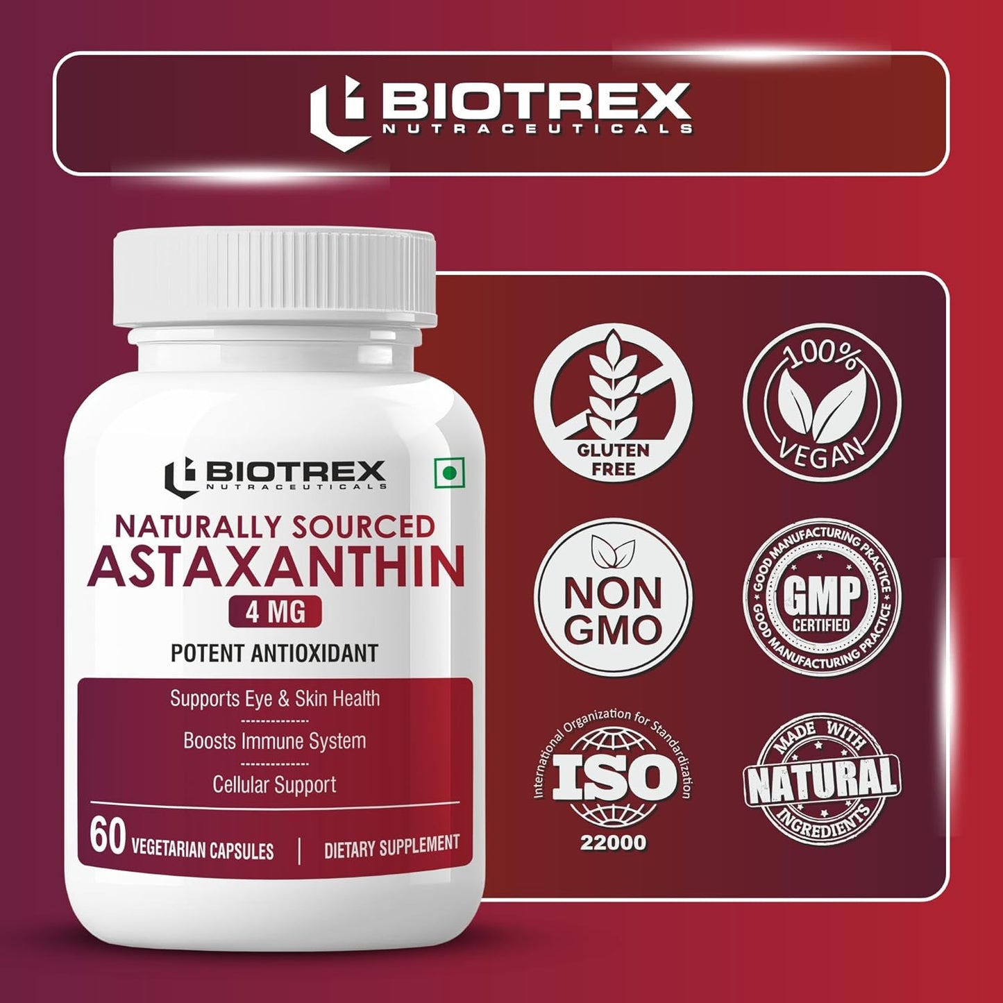 Biotrex Nutraceuticals Astaxanthin 4mg | Supports Eye & Skin Health I Boosts Immune System | Cellular Support | Naturally Sourced - 60 Veg Capsules
