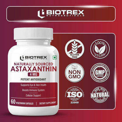 Biotrex Nutraceuticals Astaxanthin 4mg | Supports Eye & Skin Health I Boosts Immune System | Cellular Support | Naturally Sourced - 60 Veg Capsules