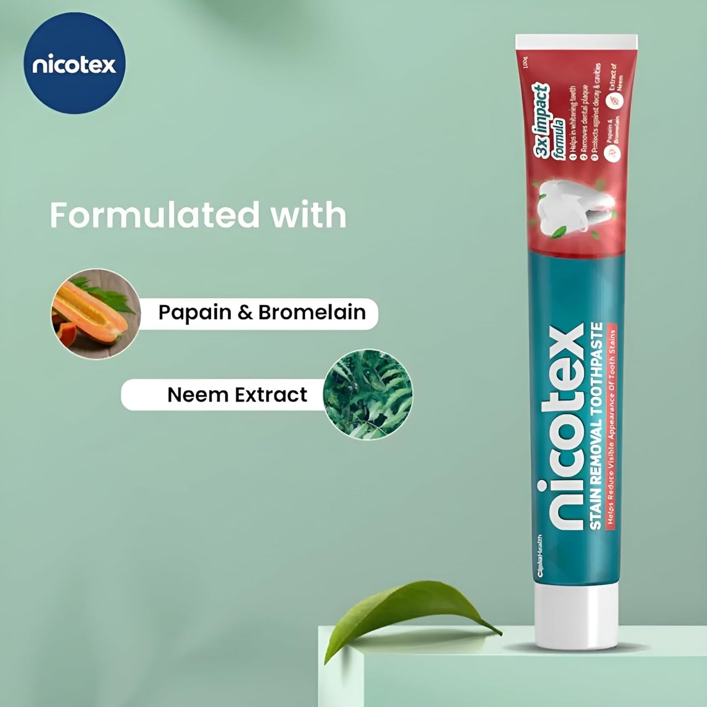 Cipla Nicotex Stain Removal Toothpaste | Teeth Whitening, Plaque Removal, Protection Against Decay And Cavities | Papain, Bromelain, Neem Extract, Meswak Extract | With Fluoride | Sls Free | 100G