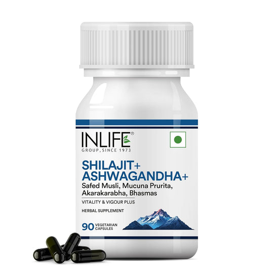 INLIFE Shilajit with Ashwagandha Safed Musli Akarkara | Strength and Stamina | 14 Ayurvedic Ingredients | For Men & Women - 90 Vegetarian Capsules