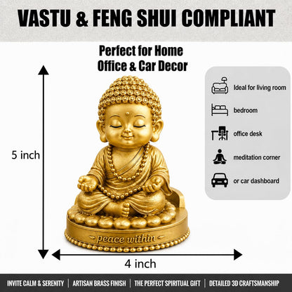 Golden Buddha Idol Statue for Home Decor (5 Inch) | Peace, Meditation & Mindfulness Showpiece | Car Dashboard, Office Desk & Gift Item (Gold)