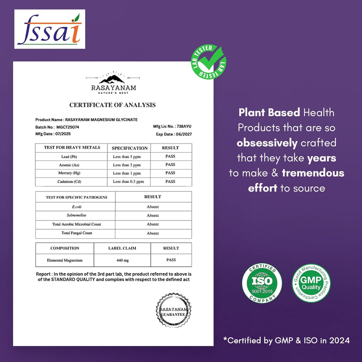 FSSAI certificate of analysis for Rasaynam product on a purple background with certification logos.