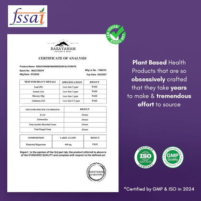 FSSAI certificate of analysis for Rasaynam product on a purple background with certification logos.
