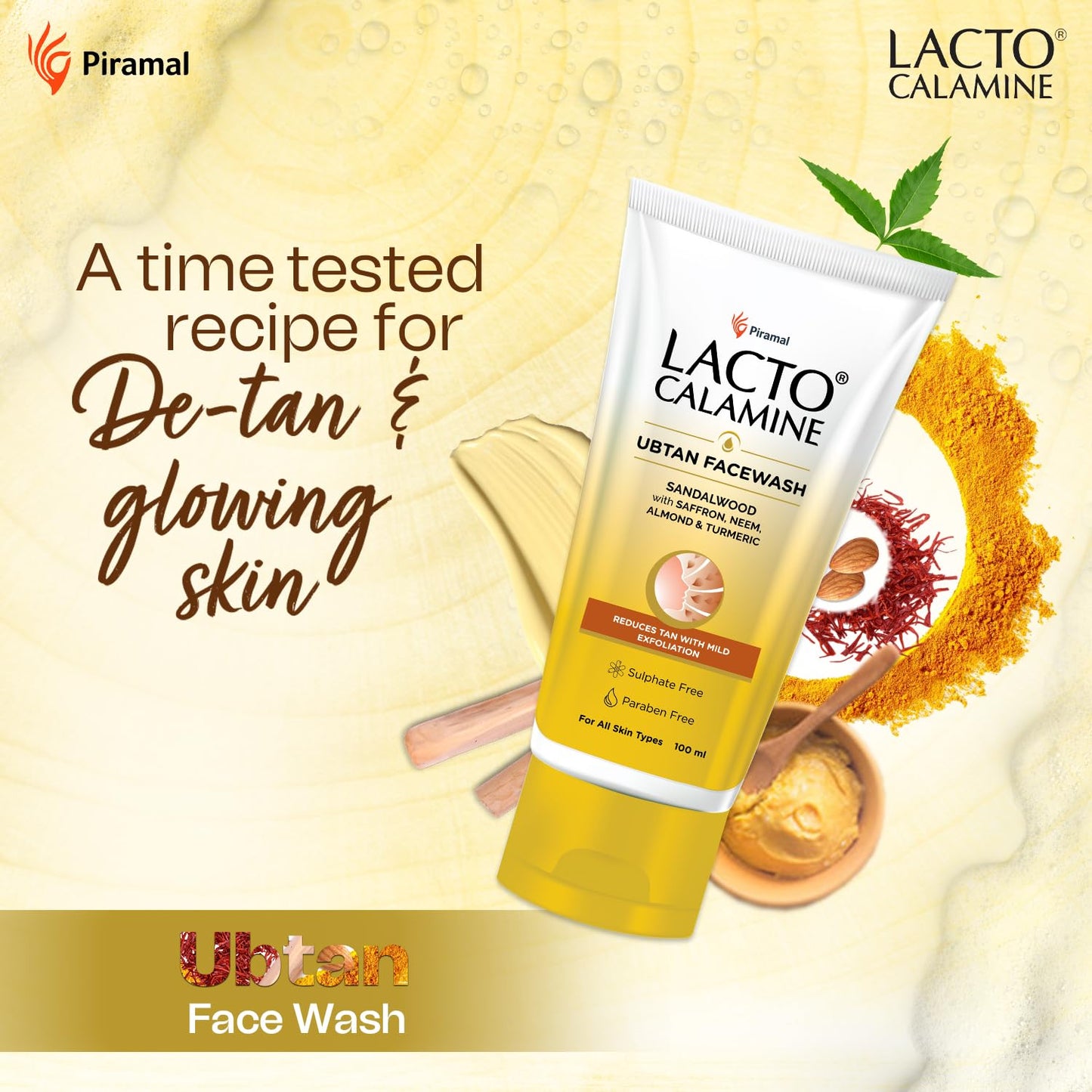Lacto Calamine Ubtan Face Wash for Glowing Skin | Natural Face Wash with Sandalwood, Saffron, Neem, Almond & Turmeric | Exfoliating Facewash reduces Tan | Sulphate, Paraben Free | 100 ml Pack of 1